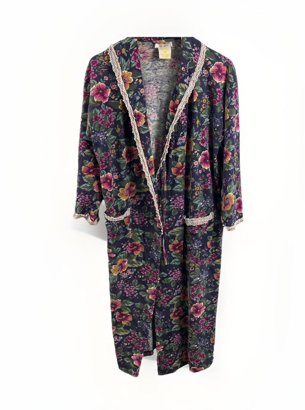 Vintage Victoria's Secret Robe 100% Cotton Floral Lace Trim Gold Label SMALL